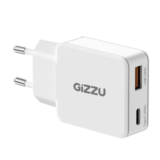 Gizzu 45W GaN Dual Port Wall Charger | USB-C PD & USB-A Fast Charging | White